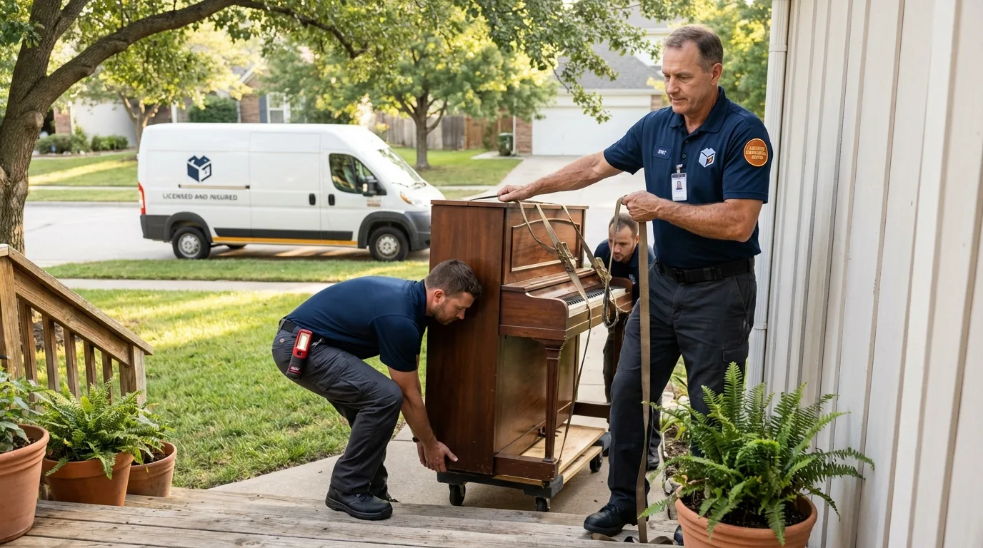 Licensed piano movers securing grand piano in Spring Valley, MN