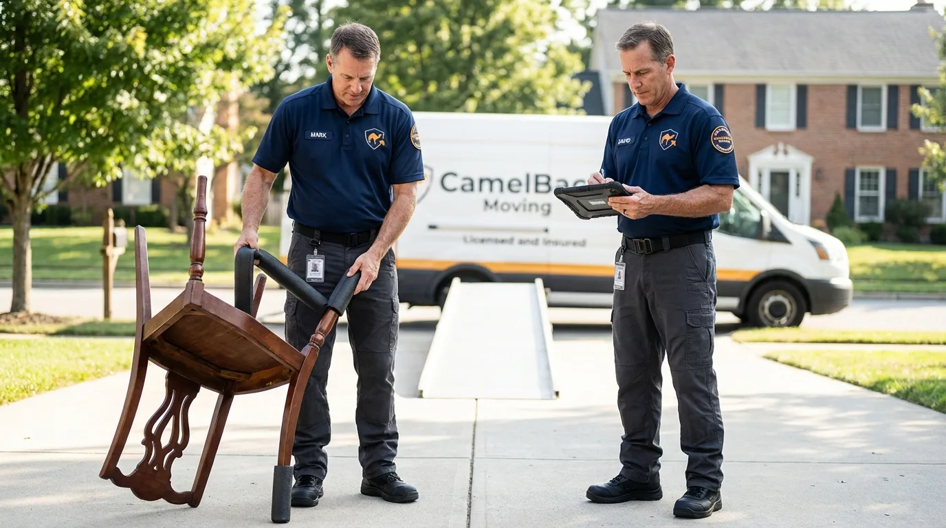 Movers inspecting furniture for damage prevention before loading in Spring Valley, MN